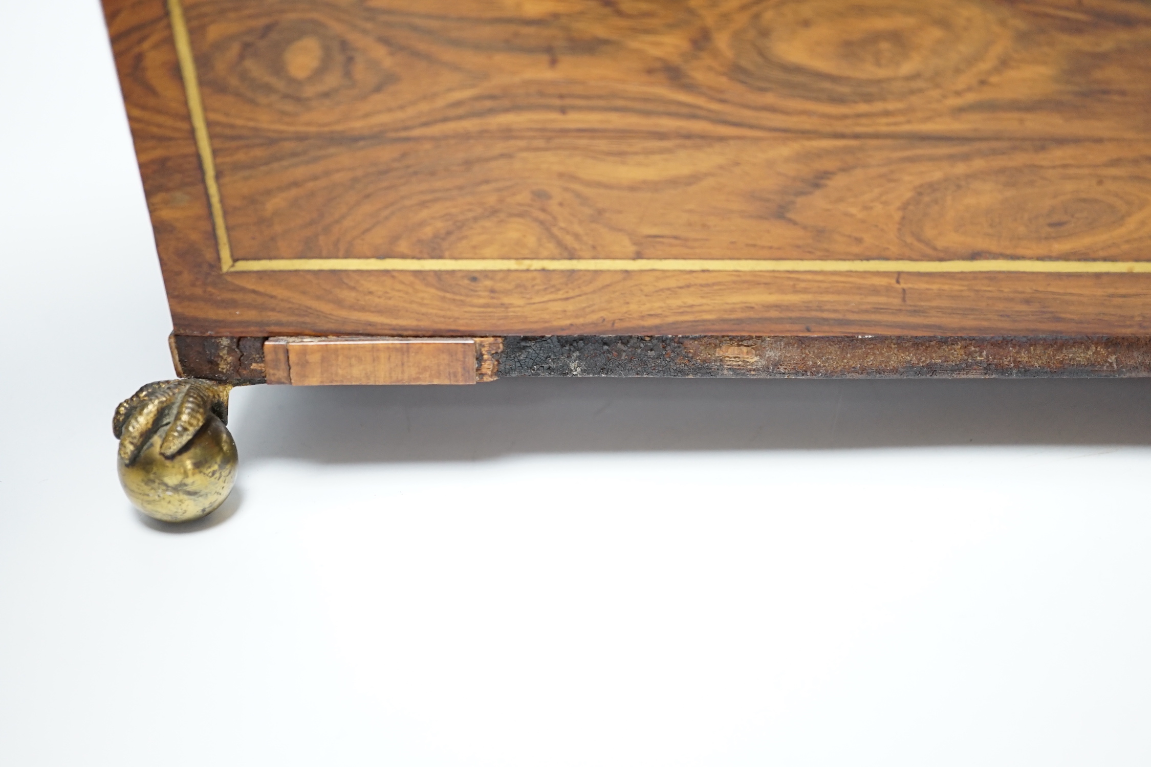 A Regency kingwood and brass strung sarcophagus tea caddy, manufacturers label for Staudenmeyer, 30 Cockspur Street, Charing Cross, London, double headed eagle handles, 21.5cm high, 30.5cm wide, 15cm deep